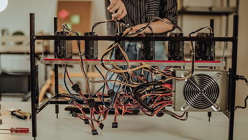 A detailed view of mining rigs and their intricate arrangements in a mining farm.